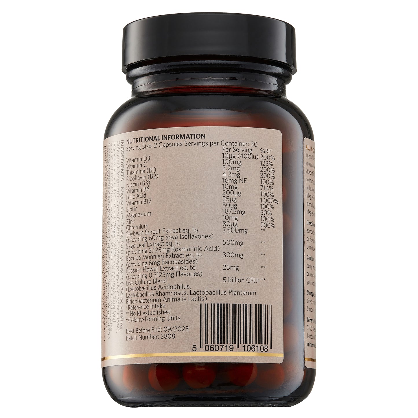Minerva Reset supplement bottle featuring menopause support formula with adaptogens and probiotics.